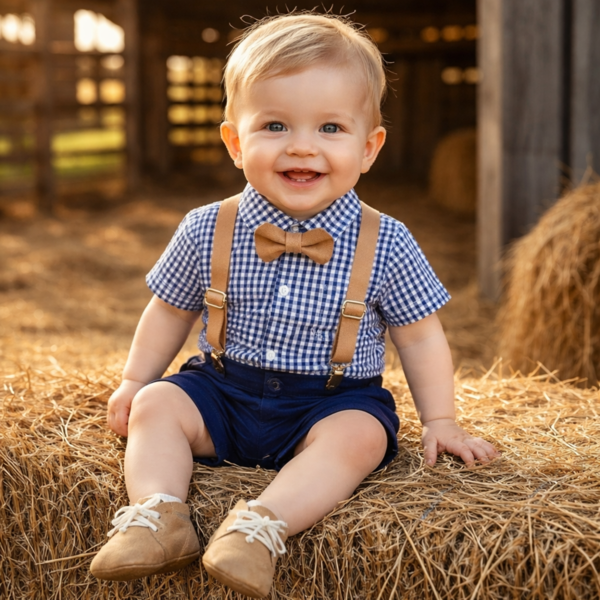 Check baby outfit with navy pants & tan accessories