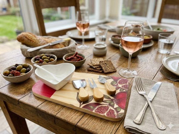 Pomegranate serving board with heart bowl and cheese knife set