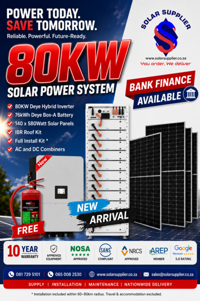 80kW Deye Three-Phase Hybrid Solar System – 76kWh Battery Backup