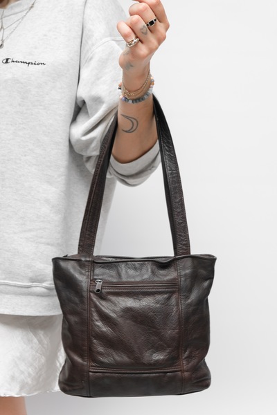 Real Leather Long Tote Shoulder Bag Brown
