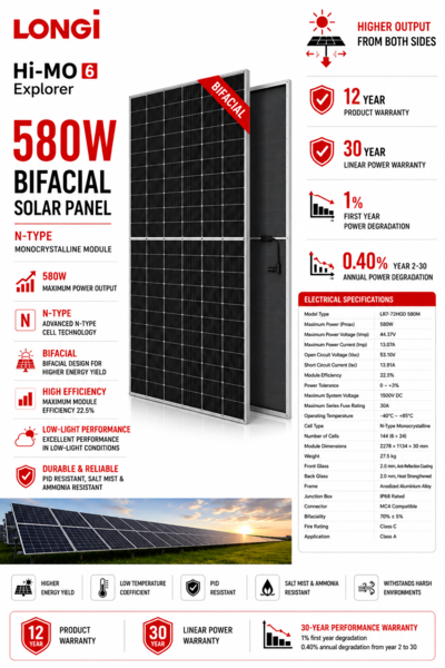 LONGi 580W Hi-MO N-Type Bifacial Monocrystalline Solar Panel