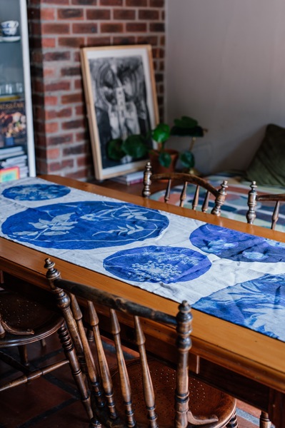 Linen Table Runner, Cyanotype Circles