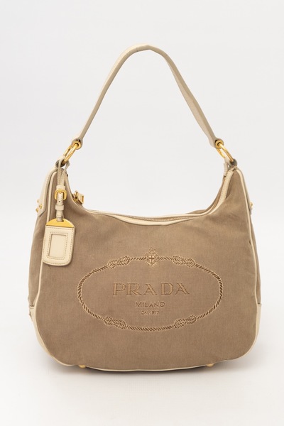 PRADA Vintage Logo Jacquard Canvas & Leather Shoulder Bag