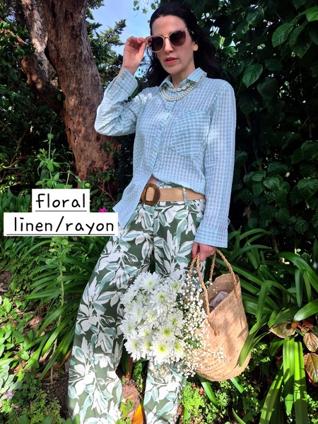 The wide leg pant has deep side pockets and a flattering wide fitted waist band for a medium waist. (not high waisted) The cut is extremely flattering and comfortable for all sizes.
The linen floral print has beautiful hues of sage, olive and seafoam.
The linen rayon has been pre-washed for shrinkage
cold wash cycle (30 deg.) or hand wash
No hot wash or tumble dry
Kate is wearing a size X small