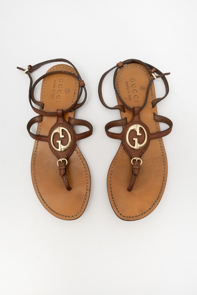 Gucci Vintage Leather Logo Sandals Brown