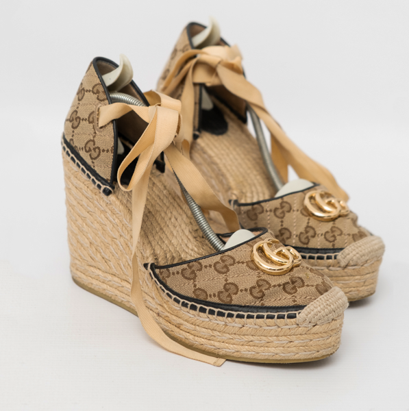 GUCCI Marmont GG Matelasse Beige Platform Espadrille Wedges