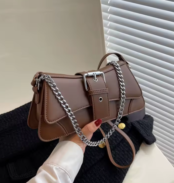 Mocha Buckle Baguette with Chain Strap