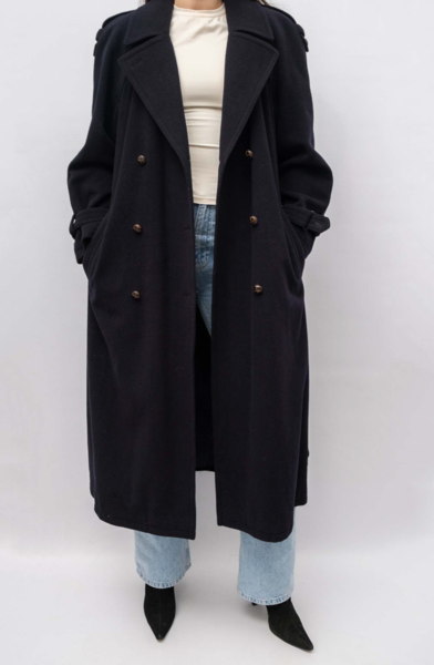 Vintage Wool Cashmere Blend Navy Coat With A Belt