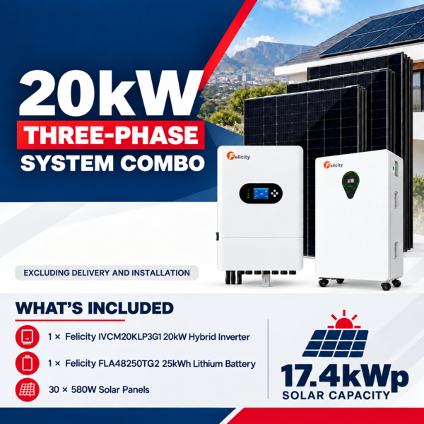 Felicity 20kW Three-Phase Hybrid Solar System with 25kWh Battery and 17.4kWp Solar Array
