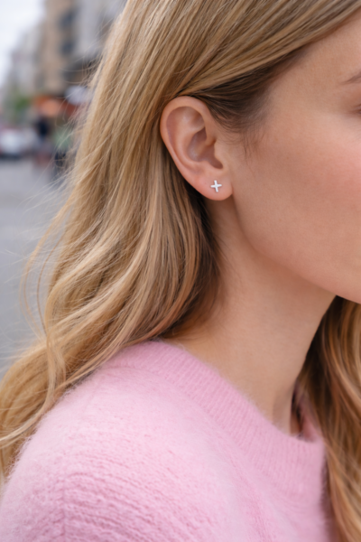 Sterling Silver Petite Cross Earrings in rosegold tin