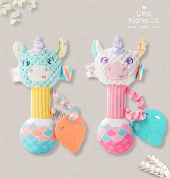 White or Blue Unicorn Baby Rattle with Teether