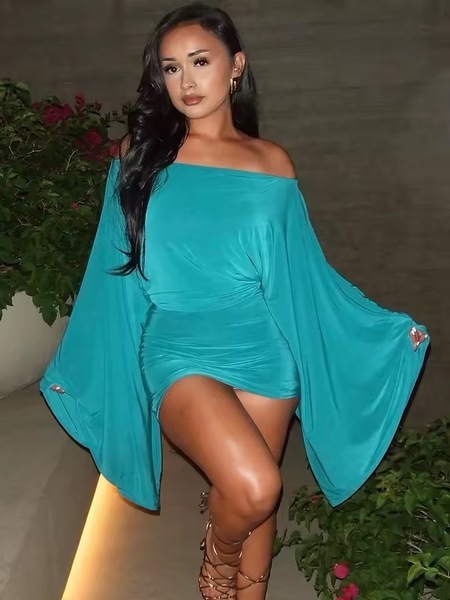 Teal Off-Shoulder Batwing Mini Set