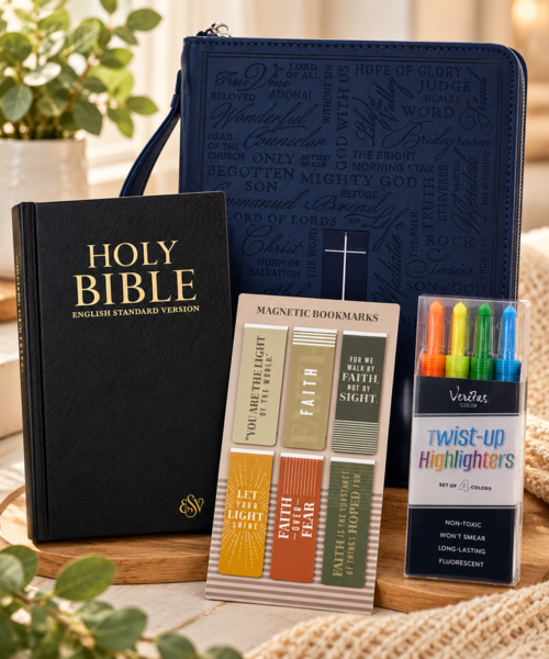 Faith & Strength Bible Collection – ESV Bible, Navy Bible Bag & Bible Study Accessories